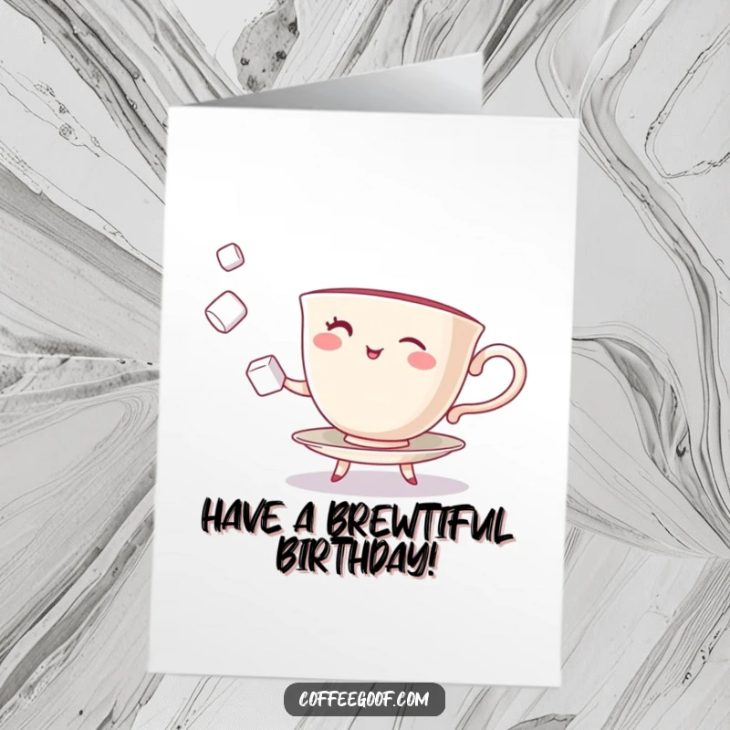 Funny Free Printable Birthday Card: A winking teacup character playfully juggling tiny sugar cubes for a birthday celebration.