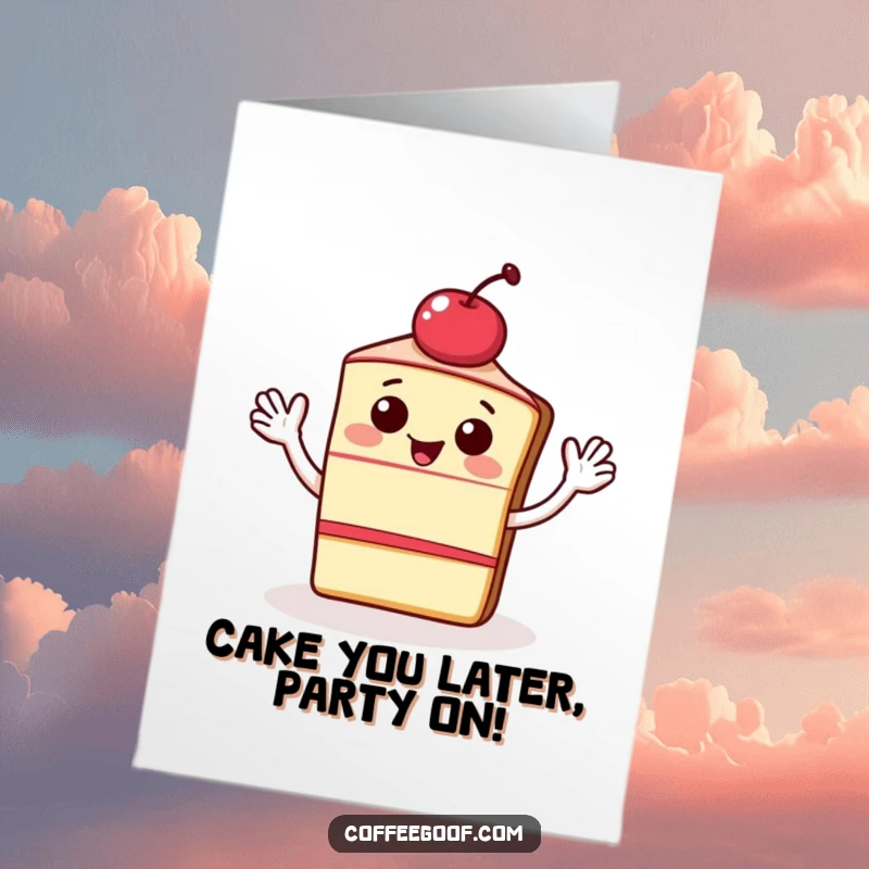 Funny Free Printable Birthday Card: A happy slice of cake with a cherry on top, waving enthusiastically to celebrate.