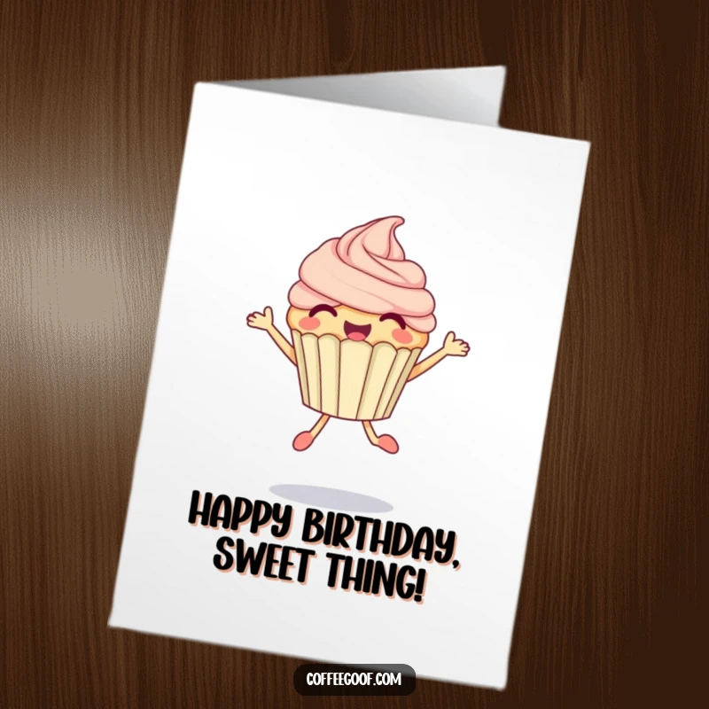 Funny Free Printable Birthday Card of a delighted cupcake doing a bubbly jump, spreading birthday cheer and sweetness.