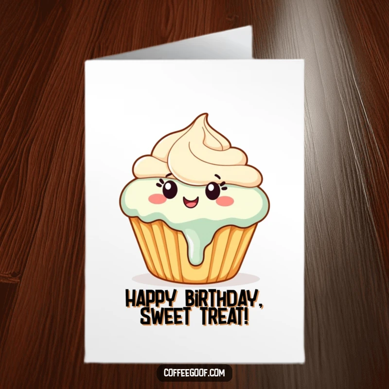 Funny Free Printable Birthday Card: a happy cupcake with slightly melting frosting, dancing joyfully.