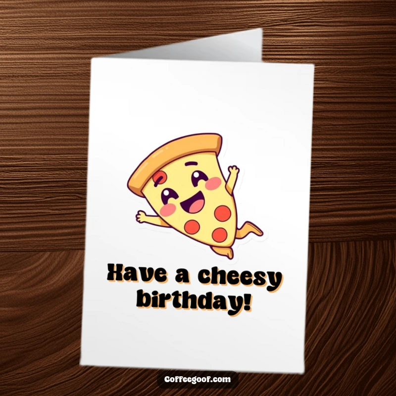 Funny Free Printable Birthday Card: A giggling slice of pizza character is performing a comical dive with a look of pure fun.