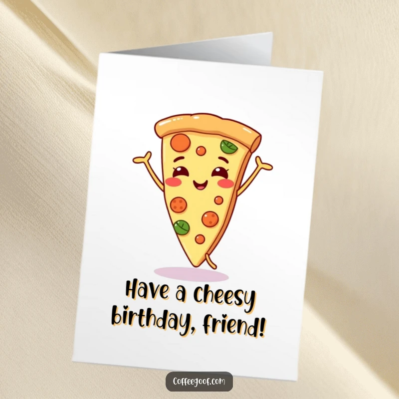 Funny Free Printable Birthday Card: A smiling slice of pizza grooving with excitement, celebrating a birthday.