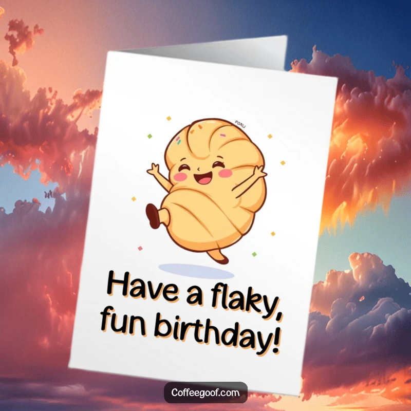 Funny Free Printable Birthday Card of a grinning croissant doing a cartwheel, with sprinkles flying, celebrating a special day.