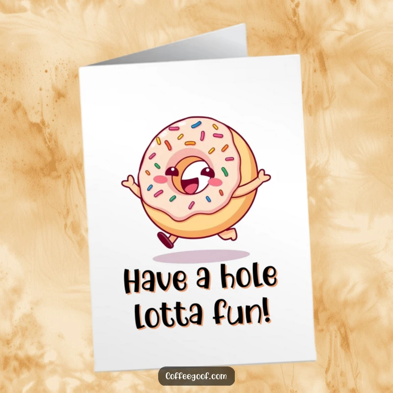 Funny Free Printable Birthday Card: A delighted donut character with bouncing sprinkles is joyfully hopping, spreading birthday cheer.