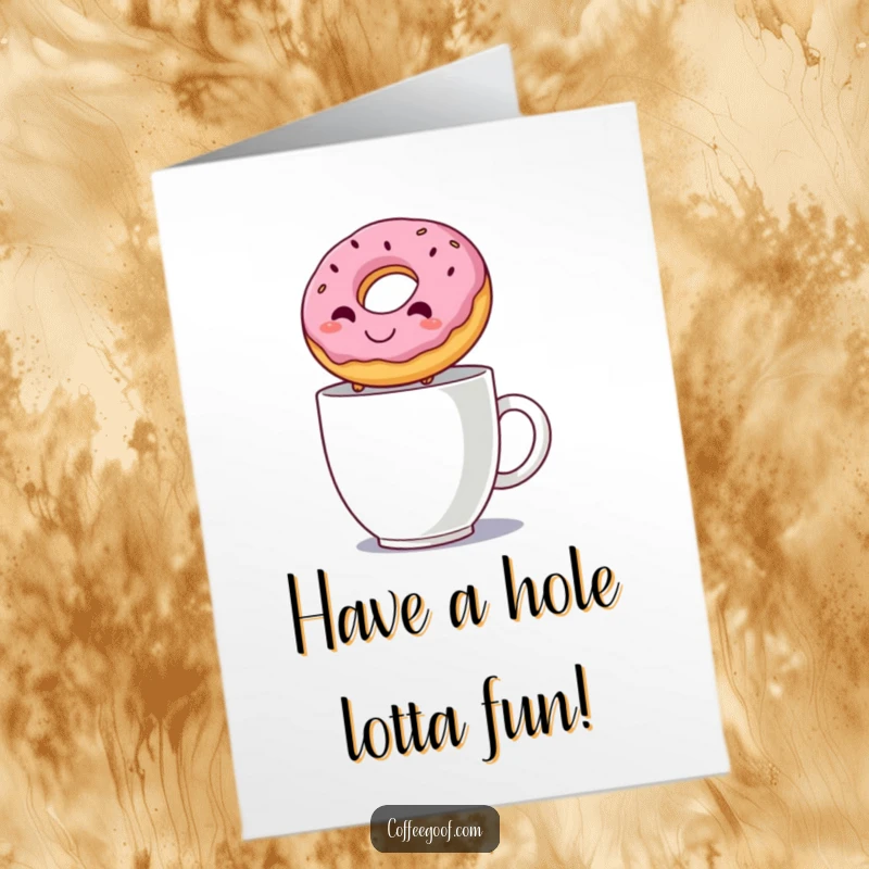 Funny free printable birthday card showing a smiling donut joyfully leaping over a steaming coffee mug.