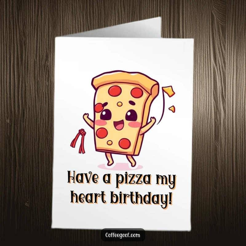 Funny free printable birthday card with a beaming pizza slice character playfully throwing a long, cheesy string.
