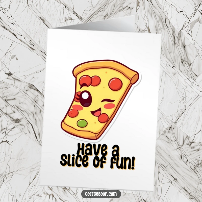 Funny Free Printable Birthday Card: a smiling pizza slice winks with a pepperoni eye, ready to party.