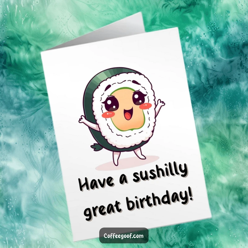 Funny Free Printable Birthday Card of a sushi character with wide, delighted eyes doing a whimsical, silly dance.