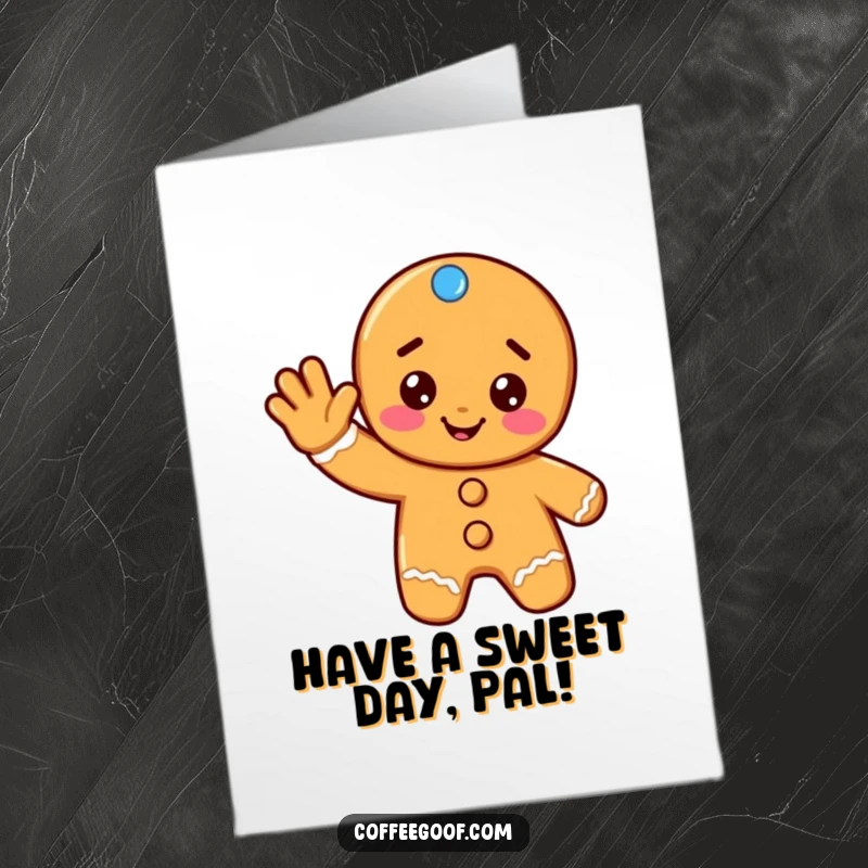 Funny free printable birthday card: a cheerful gingerbread cookie giving a friendly wave with a warm smile, ready to celebrate birthdays with holiday spirit.