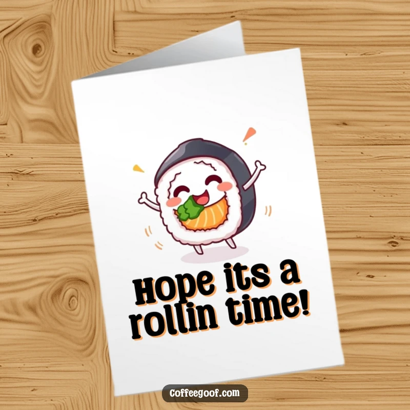 Funny Free Printable Birthday Card featuring a happy sushi roll character spinning joyfully, celebrating a special day.