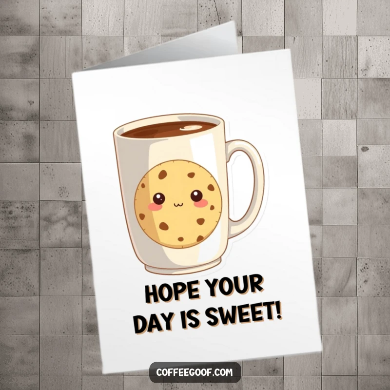 Funny Free Printable Birthday Card: A shy cookie peeking cautiously from behind a huge coffee mug.