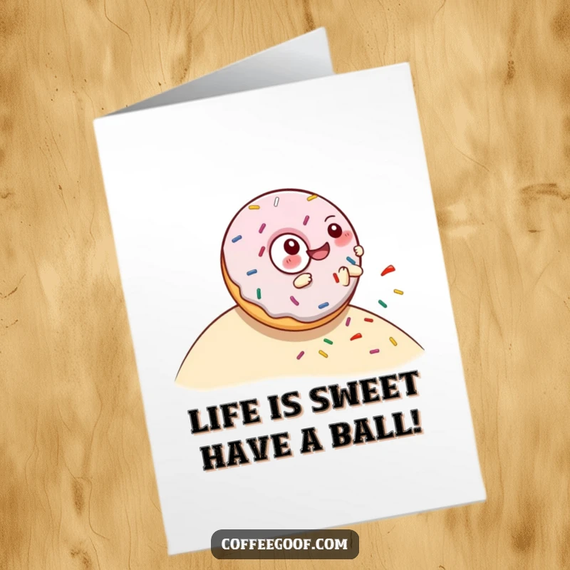 Funny free printable birthday card featuring a giggling donut character joyfully rolling down a hill, leaving a trail of sprinkles.