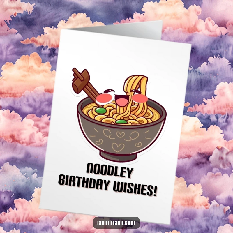Funny Free Printable Birthday Card: A gleeful bowl of ramen character slurping noodles with exaggerated delight, celebrating joyfully.
