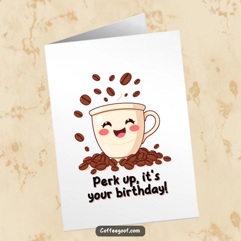 Funny Free Printable Birthday Card: Smiling anthropomorphic coffee cup expertly juggling small, animated coffee beans, looking cheerful.