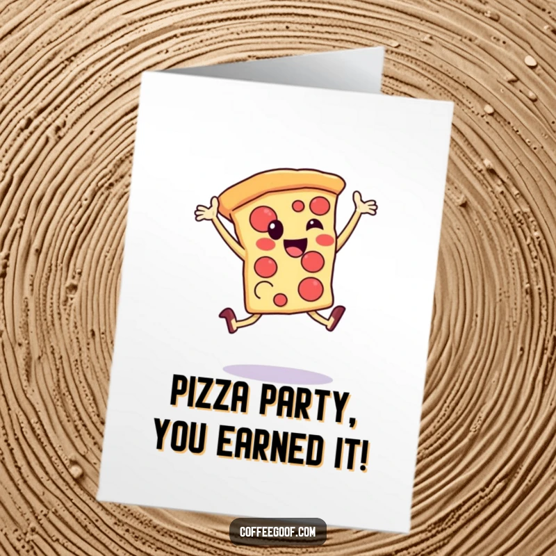 Funny Free Printable Birthday Card: A happy pizza slice doing a joyful celebratory leap, mid-air, full of birthday cheer.