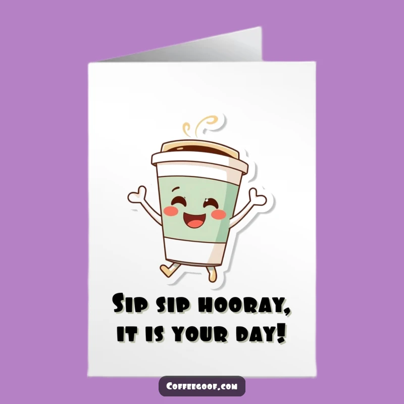Free Printable Birthday Card: Cheerful Coffee Cup Bouncing Joyfully - Funny Downloadable Gift