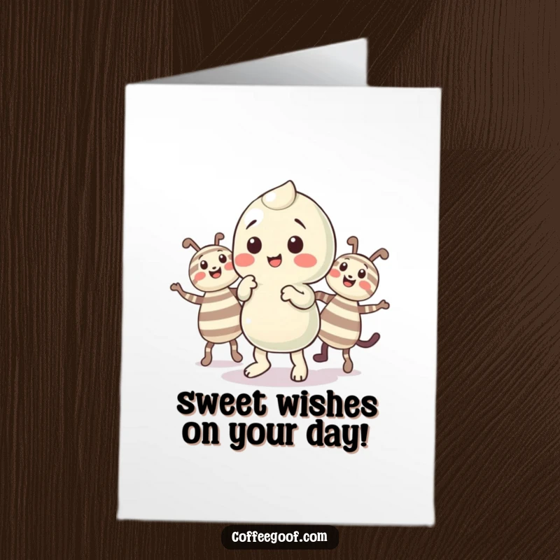 Funny Free Printable Birthday Card showing a playful candy character doing a happy jig with colorful striped companions.