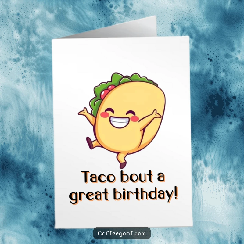Funny Free Printable Birthday Card of a grinning taco character performing an enthusiastic, mid-air cartwheel.
