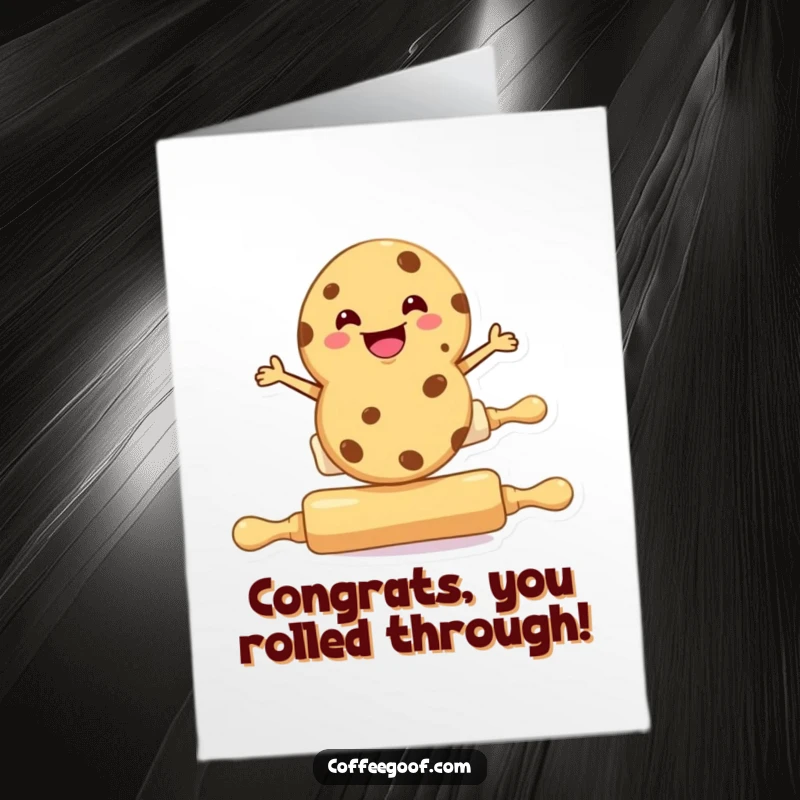 Funny Free Printable Congratulations Card: A cookie character grinning while balancing on a rolling pin, symbolizing achieving balance.