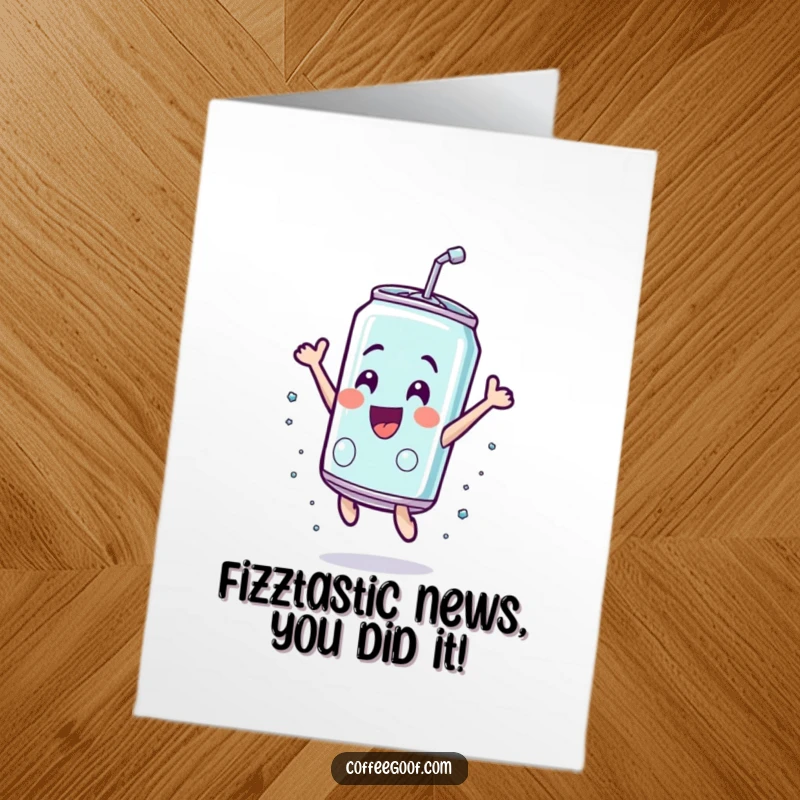 Funny Free Printable Congratulations Card: Exhilarated soda can leaping with excitement, celebrating a big achievement.