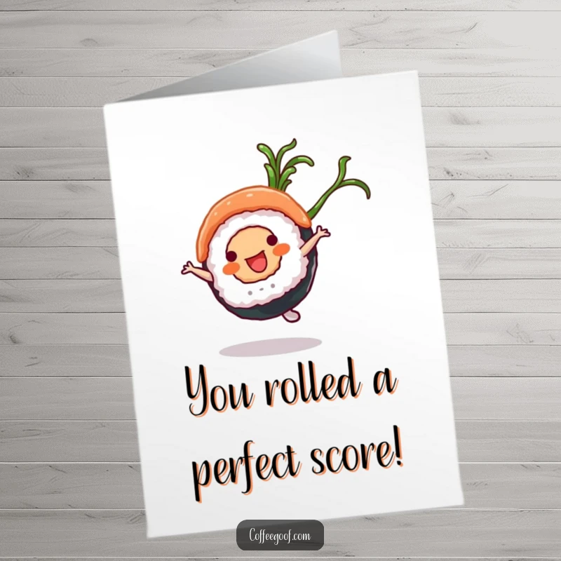 Funny Free Printable Congrats Card: A sushi roll character does a cartwheel with a seaweed flourish, symbolizing energetic success in downloadable art.