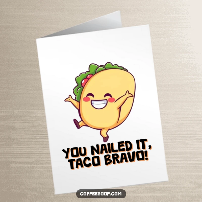 Funny Free Printable Congratulations Card showing a happy taco character mid-cartwheel, celebrating a big win.