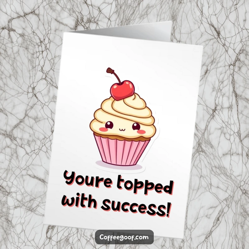 Funny Free Printable Congrats Card: A happy cupcake character bouncing a cherry on its head in celebration.