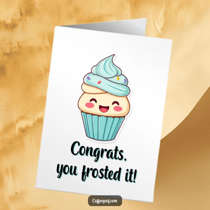 Funny Free Printable Congratulations Card: A happy cupcake character gleefully frosting itself, celebrating sweet accomplishments with joy.
