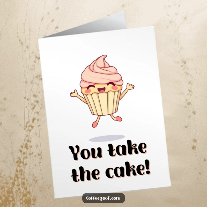 Funny Free Printable Congratulations Card featuring a delighted cupcake mid-jump, celebrating success with bubbly energy.