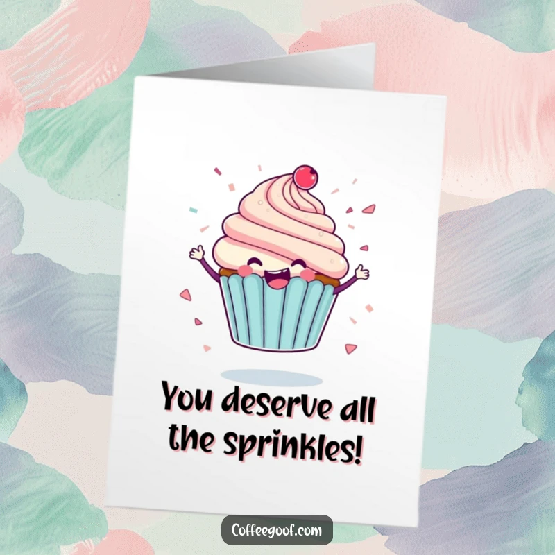 Funny Free Printable Congrats Card: A delighted cupcake character spinning with icing flying like confetti, cheering on success.