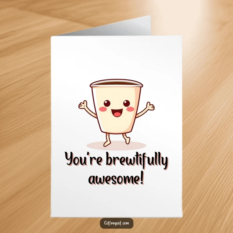Funny Free Printable Congratulations Card: A cheerful coffee cup with arms and legs enthusiastically performing a jig to celebrate success.