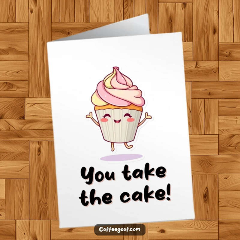 Funny Free Printable Congratulations Card: A happy cupcake character with a swirl of frosting is captured mid-dance, celebrating an achievement.
