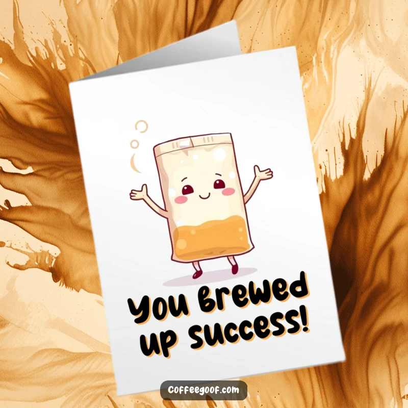 Funny Free Printable Congratulations Card showing a happy dancing teabag with steam, perfect for celebrating achievements with humor.