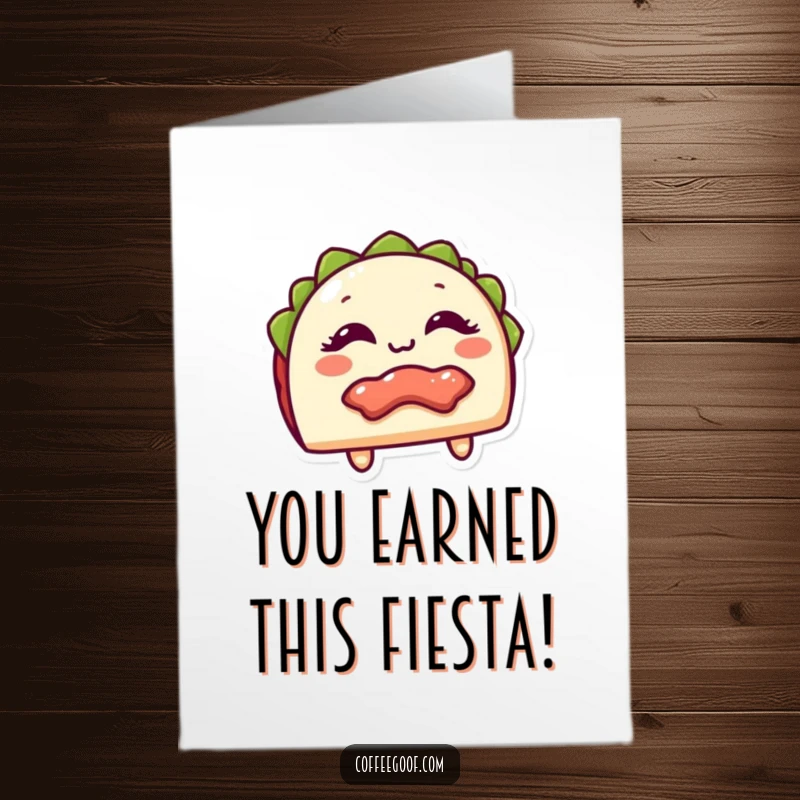 Funny free printable congratulations card featuring a giggling taco with its filling showing, celebrating success with zest.