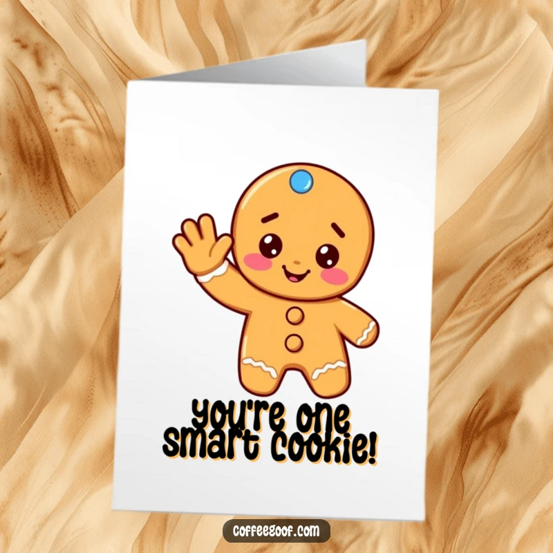 Funny free printable congratulations card: a cheerful gingerbread cookie offering a friendly wave, conveying warm congratulations with a sweet, baked smile.