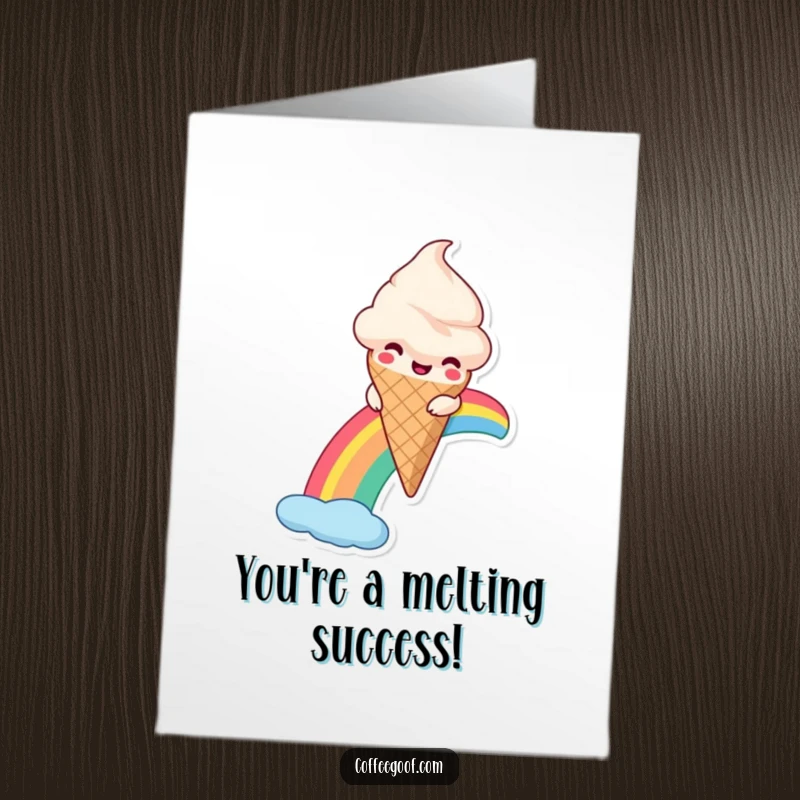 Funny Free Printable Congratulations Card showing an ice cream cone sliding down a rainbow, celebrating victory with delight.