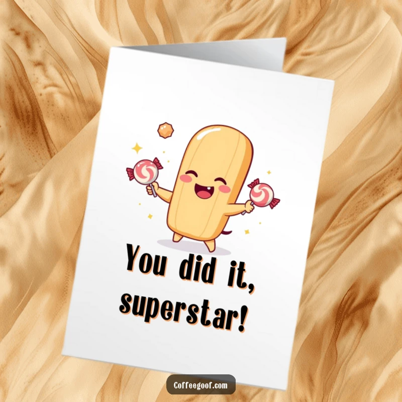 Funny Free Printable Congratulations Card: Winking baguette juggling candies, looking proud of its balancing act.