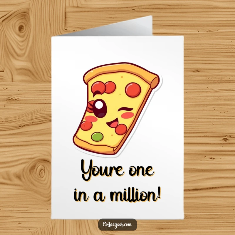 Funny Free Printable Congratulations Card featuring a happy pizza slice winking one pepperoni eye, celebrating success.