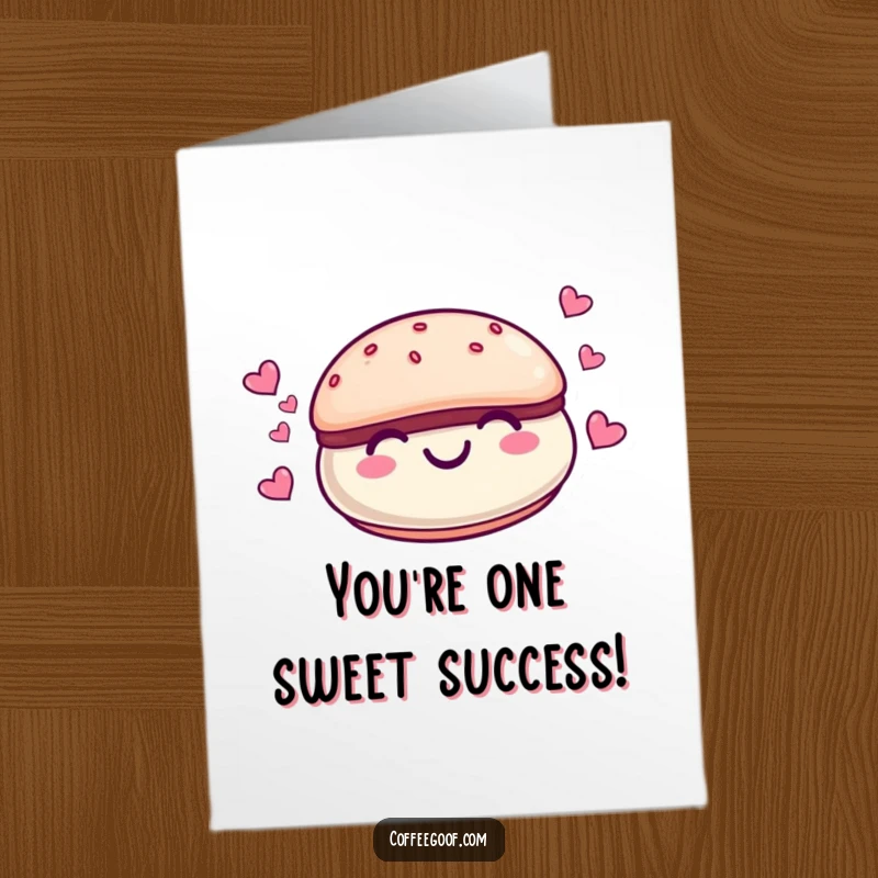 Free Printable Congratulations Card: A beaming macaroon character with tiny hearts floating around, symbolizing sweet success and happiness.