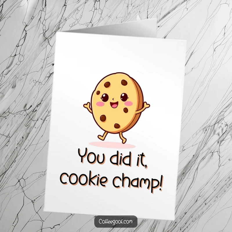 Funny Free Printable Congratulations Card: A cheerful baked cookie character does a happy jig, celebrating a successful milestone.