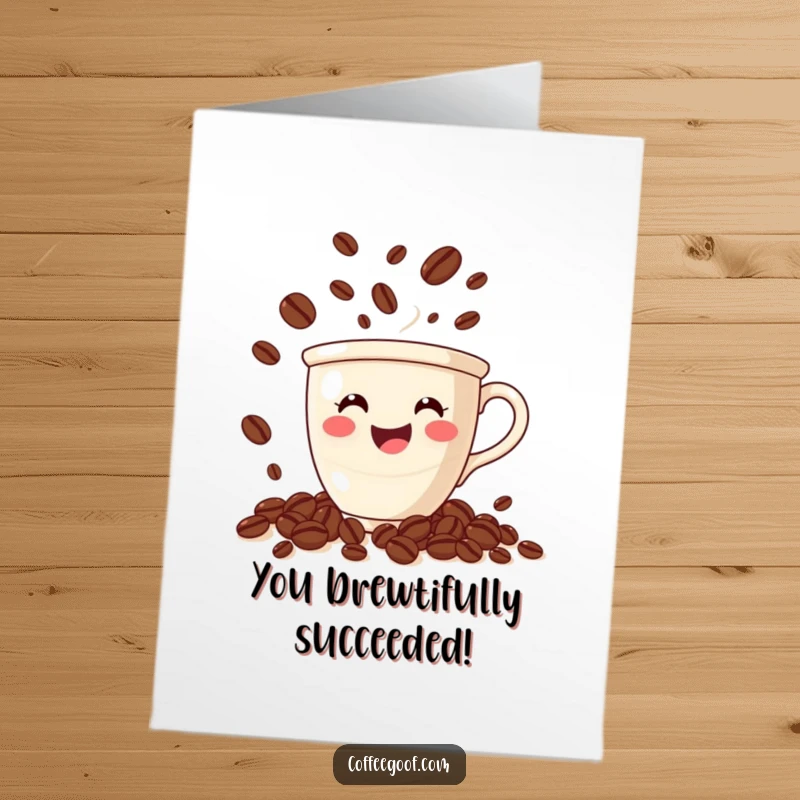 Funny Free Printable Congratulations Card: Cheerful coffee cup in mid-juggle with assorted animated coffee beans, celebrating a sweet victory.