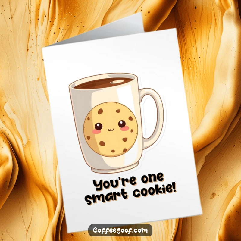 Free Printable Congratulations Card: A bashful cookie hiding behind a large coffee mug, celebrating success.