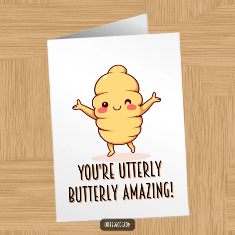 Funny Free Printable Congratulations Card showing a happy croissant character with arms outstretched, doing a little dance in celebration.