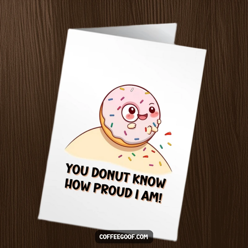 Funny free printable congratulations card with a happy donut character rolling down a hill, scattering colorful sprinkles.