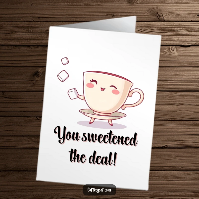 Funny Free Printable Congratulations Card: A winking teacup character skillfully juggling sugar cubes to celebrate an achievement.