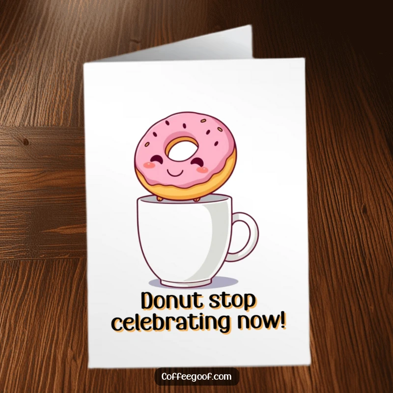 Funny free printable congratulations card of a happy donut jumping over a hot beverage, celebrating success.