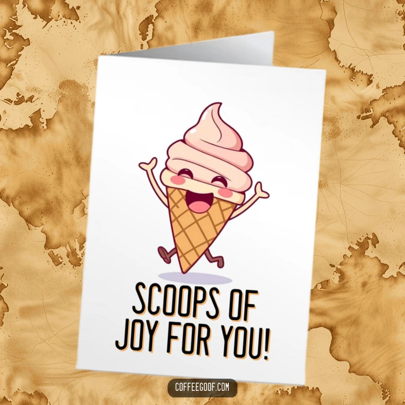 Funny free printable congratulations card: an excited ice cream cone in a joyful bounce, celebrating success with cold, sweet energy and pure glee.