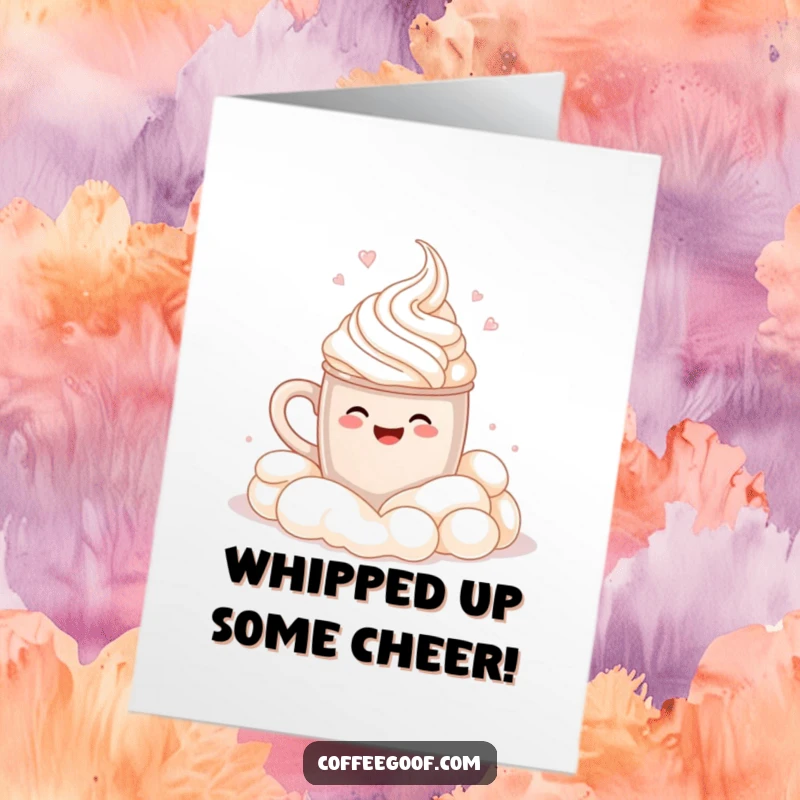 Funny Free Printable Congratulations Card: A smiling cocoa mug performing a happy cannonball into whipped cream, celebrating success.