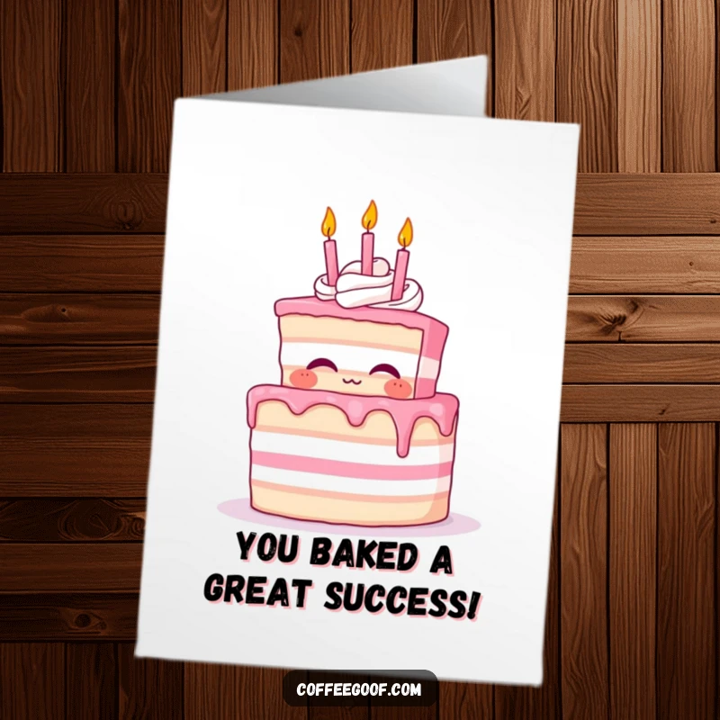 Funny Free Printable Congratulations Card depicting a proud cake character celebrating a momentous occasion, blowing out candles.