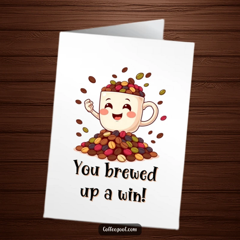 Funny Free Printable Congratulations Card: A happy coffee mug character skillfully juggling a pile of vibrant coffee beans, celebrating success.